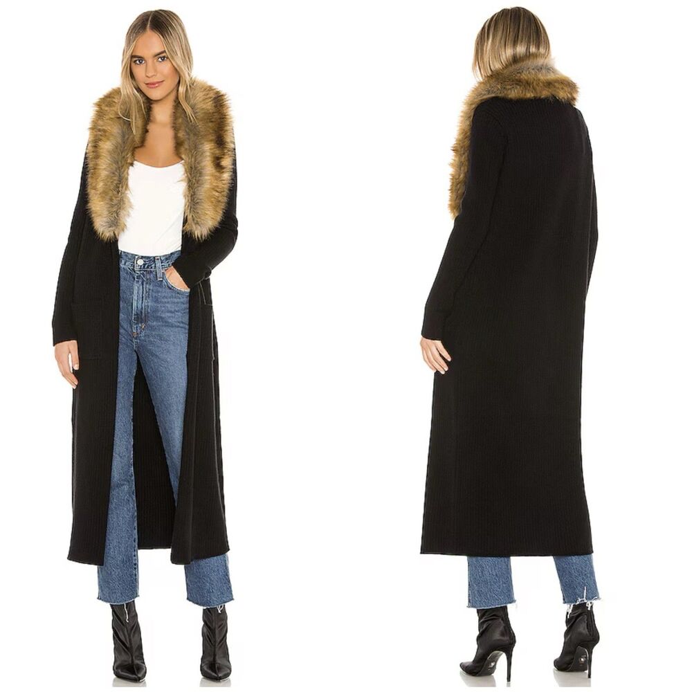 Show Me Your Mumu Lombardi Long Duster Cardigan Ribbed Faux Fur Trim Black Small